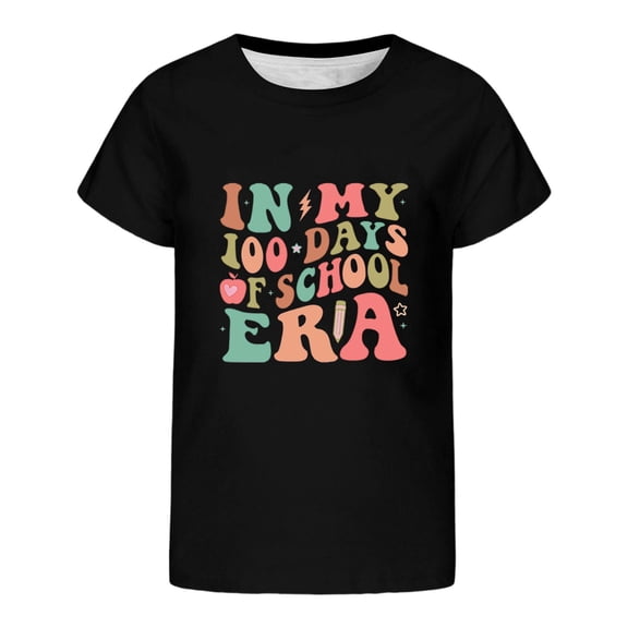 XAOFW Girl's T-Shirts 100 Days Of School Print Crewneck Short Sleeved Back To School T Shirt Everyday Wear Loose Fit Tee Shirt Holiday Vacation Soft Breathable Tops