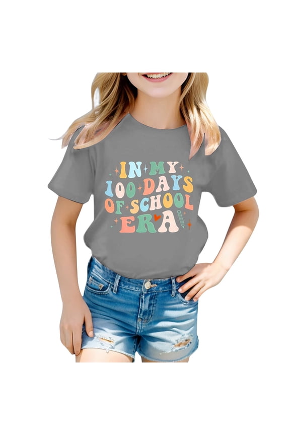 Girl's T-Shirts 100 Days Of School Print Round Neck Short Sleeved Back To School T Shirts Everyday Wear Comfort Fit Tee Shirt Holiday Vacation Stylish Comfortable Tops