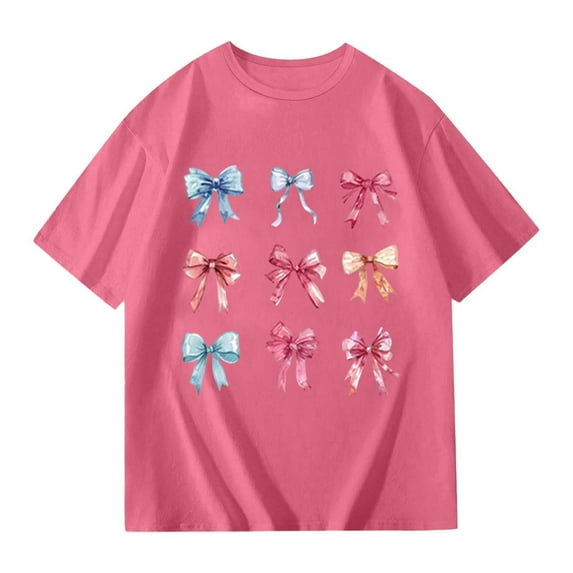 XAOFW Girl's T-Shirts Bow Tie Print Short Sleeve Crewneck T Shirt All Season Flexible Fit Tee Shirt Holiday Vacation Soft Breathable Top