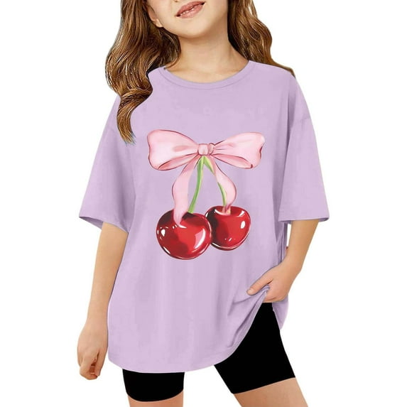 XAOFW Girl's T-Shirts Cherry Print Short Sleeve Crewneck Tee Shirt Everyday Wear Comfort Fit T Shirt Outdoor Activities Stylish Cozy Tops