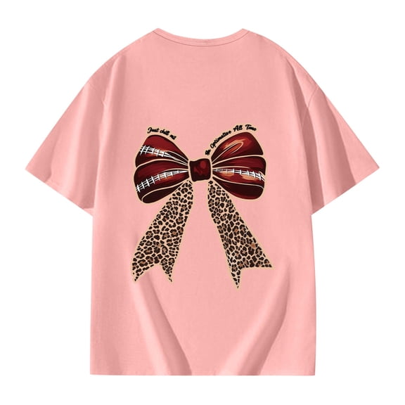 XAOFW Girl's T-Shirts Leopard Bow Tie Print Short Sleeve Crewneck T Shirt Streetwear Relaxed Fit Tee Shirt Club Party Soft Breathable Tops