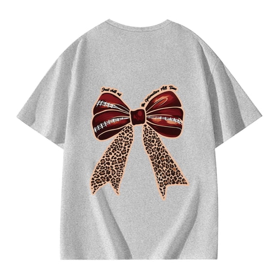 XAOFW Girl's T-Shirts Leopard Bow Tie Print Short Sleeve Crewneck T Shirt Streetwear Relaxed Fit Tee Shirt Holiday Vacation Soft Breathable Top
