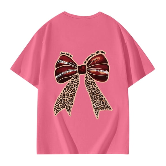 XAOFW Girl's T-Shirts Leopard Bow Tie Print Short Sleeve Crewneck T Shirt Streetwear Relaxed Fit Tee Shirt Outdoor Activities Stylish Cozy Tops