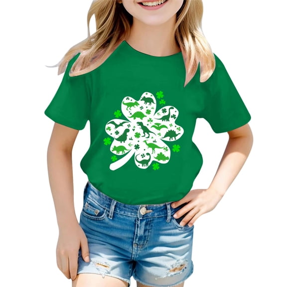 XAOFW Girl's T-Shirts St Patrick's Day Cartoon Dinosaur Print Crewneck Short Sleeved T Shirt Casual Wear Relaxed Fit Tee Shirt Holiday Celebration Fashionable Cozy Top