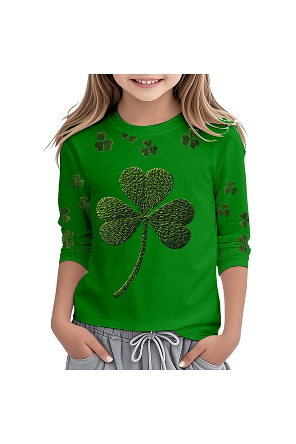 Girl's T-Shirts St Patricks Day Printed Three Quarter Sleeved Crewneck T Shirts School Wear Comfort Fit Tee Shirt Outdoor Activities Trendy Breathable Top