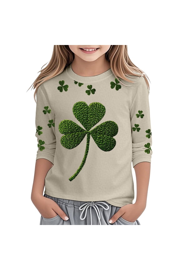 Girl's T-Shirts St Patricks Day Printed Three Quarter Sleeved Crewneck T Shirts Streetwear Comfort Fit Tee Shirt Lounging Trendy Breathable Tops