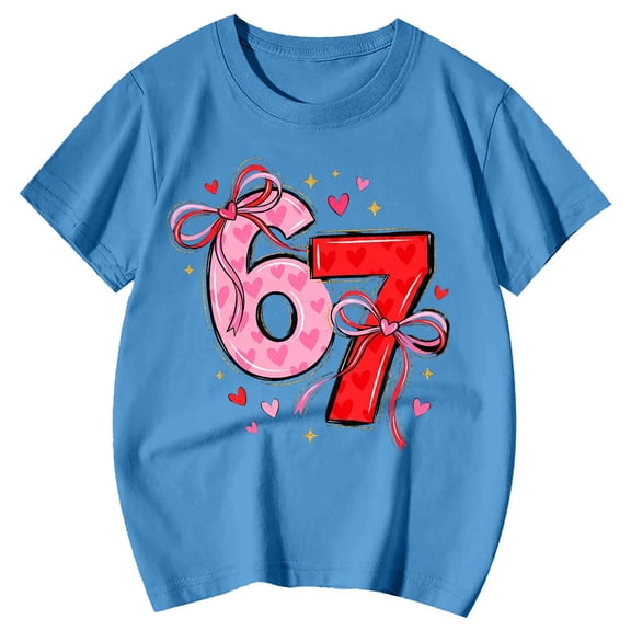 XAOFW Girl's T-Shirts Valentines Day 67 Heart Number Print Short Sleeve Crewneck Tee Shirt Streetwear Cartoon T Shirt Outdoor Activities Stylish Cozy Tops