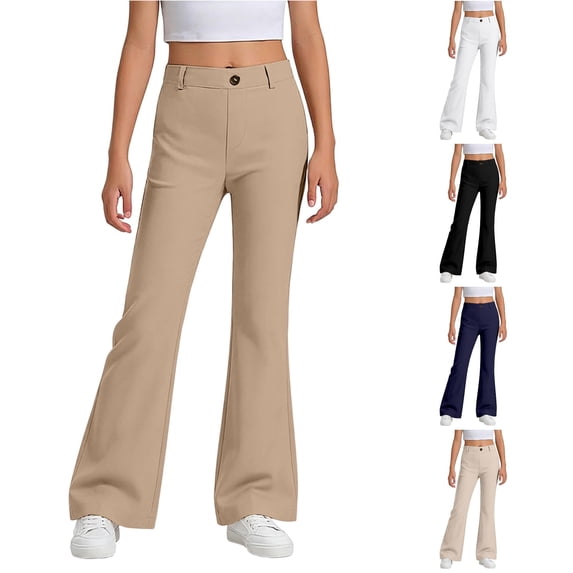 XAOFW Girls Back To School Flared Dress Pants Solid Color Stretchy Wide Leg Trousers For Casual Daily Wear Comfortable Bottoms 9-10 Years