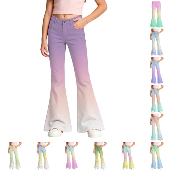 XAOFW Girls Back To School Flared Pants Casual Stretchy Gradient Wide Leg Pants For Kids Everyday Wear Comfortable Bottom 5-6 Years