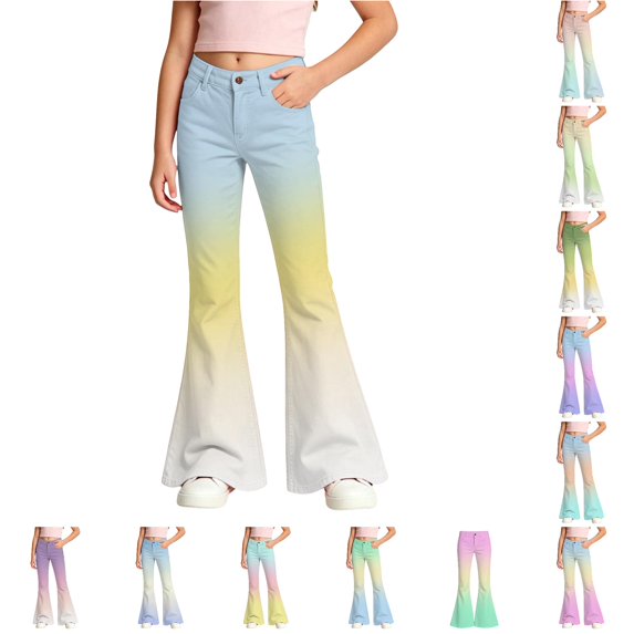 XAOFW Girls Back To School Flared Pants Casual Stretchy Gradient Wide Leg Pants For Kids Everyday Wear Stylish Bottom 13-14 Years
