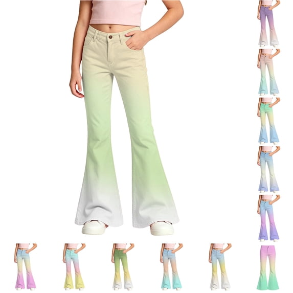 XAOFW Girls Back To School Flared Pants Casual Stretchy Gradient Wide Leg Pants For Kids Everyday Wear Trendy Bottoms 15-16 Years