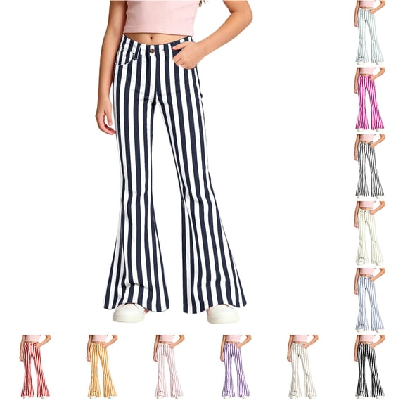 XAOFW Girls Back To School Flared Pants Elastic Waist Slim Fit Striped Wide Leg Trousers Uniform Pants For Girls Kids Breathable Bottoms 7-8 Years