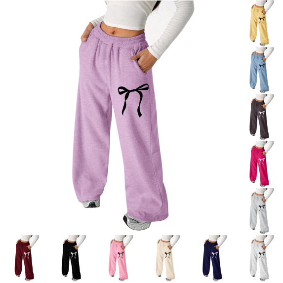 XAOFW Girls Back To School Pants Bowknot Baggy Sweatpants Lightweight Wide Leg Athletic Pants With Pockets Stylish Bottom 8-9 Years