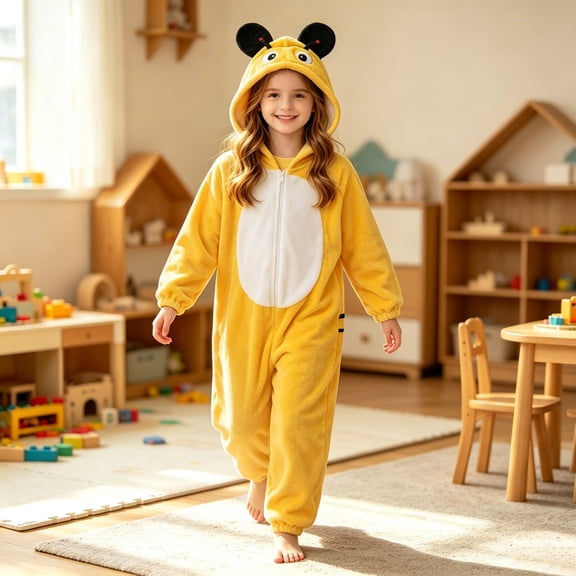 XAOFW Girls Bee Costume Long Sleeve Cute Cartoon Bee Zipper Hooded Jumpsuit Toddler Kids Fall Winter Holiday Party Onesie