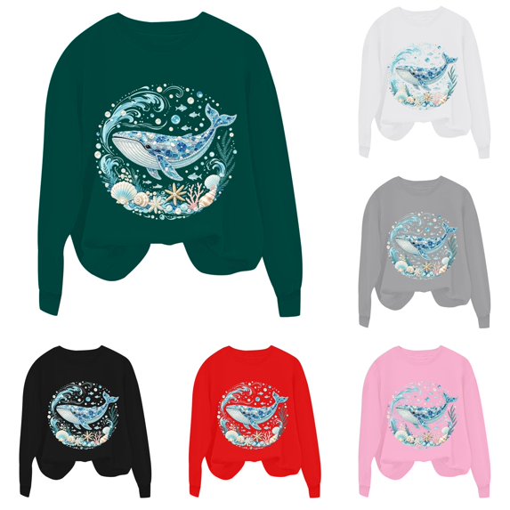 XAOFW Girls Boys Marine Animal Prints Long Sleeve Crew Neck Sweatshirts Loose Fit Casual Pullover For Toddler Kids Breathable Top 13-14 Years