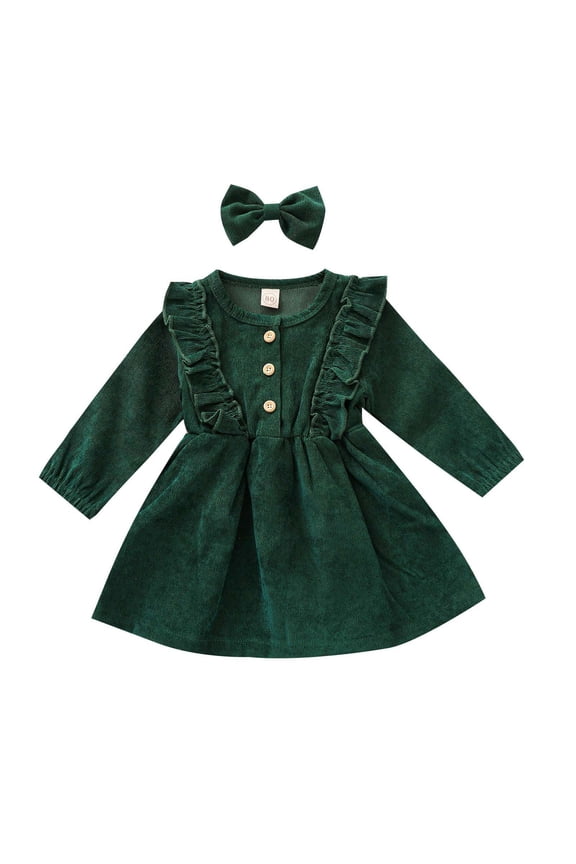 Girls Dresses Corduroy Pinafore Headband Baby Toddler Ruffled Outfit Snap Buttons Long Sleeve O-Neck Solid Color Breathable Comfortable Casual Daily Wear Sundress