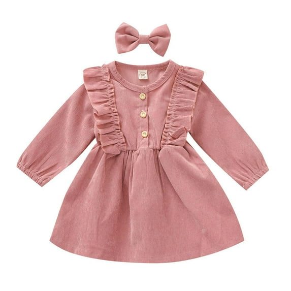 XAOFW Girls Dresses Corduroy Pinafore Headband Baby Toddler Ruffled Outfit Snap Buttons Long Sleeve O-Neck Solid Color Fashionable Trendy Birthday Holiday Vacation Clothes
