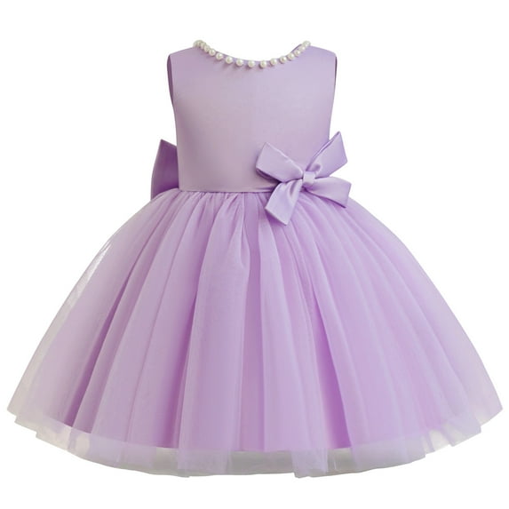 XAOFW Girls Dresses Formal Cute Bowknot Pearl V Back Ball Gown Sleeveless O-Neck Solid Color Breathable Comfortable Casual Daily Wear Sundress