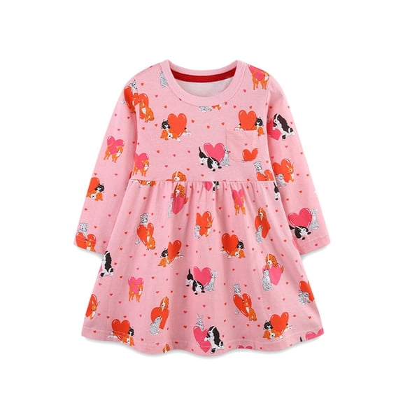 XAOFW Girls Dresses Kids Cute Heart Pet Printed Knit Children Long Sleeve O-Neck Stylish Leisure Party Night Clothes