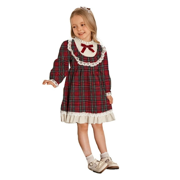 XAOFW Girls Dresses Plaid Ruffle Hem Autumn Winter School Style Flowy Toddler Classic Print A Line Outfit Long Sleeve Cowl Neck Soft Cozy Casual Daily Wear Sundress