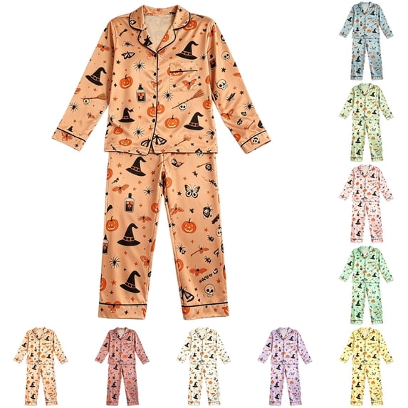 XAOFW Girls Halloween Pajamas Pumpkin Cartoon Print Long Sleeve Button Down Top Pants Toddler Kids Fall Winter Comfortable Loungewear 13-14 Years