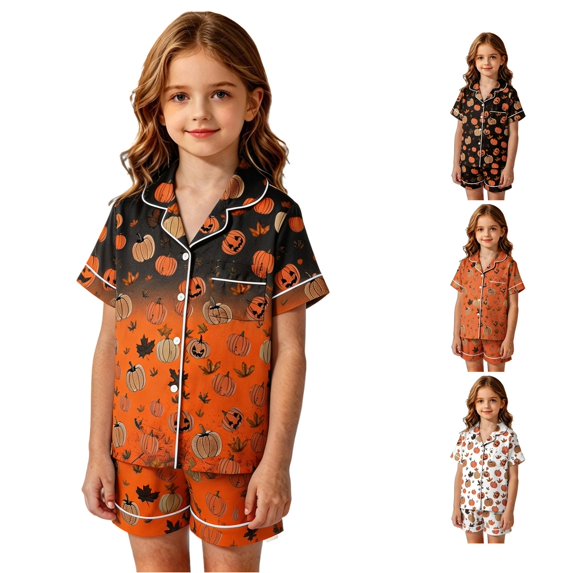 XAOFW Girls Halloween Pajamas Pumpkin Print Short Sleeve Button Down Shirts Shorts Toddler Kids Fall Winter Soft Cozy Sleepwear 2-3 Years