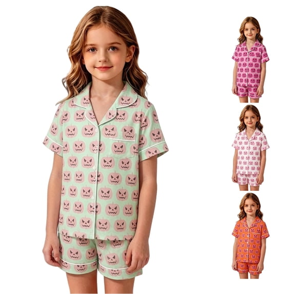 XAOFW Girls Halloween Pajamas Pumpkin Prints Short Sleeve Button Down Shirts Shorts Toddler Kids Fall Winter Soft Cute Sleepwear 12-24 Months