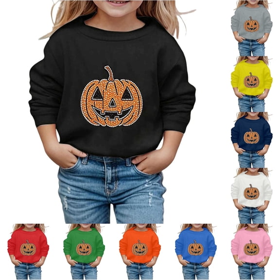 XAOFW Girls Halloween Shirt Pumpkin Printed Long Sleeve Pullover Tees Loose Fit Round Neck Lined T Shirts For Toddler Kids Stylish Tops 2-3 Years