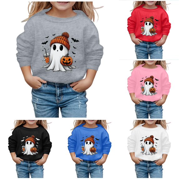 XAOFW Girls Halloween Sweatshirt Cute Ghost Print Long Sleeve Crewneck Hoodless Sweatshirts Loose Fit Fashion Pullover Trendy Top 10-11 Years