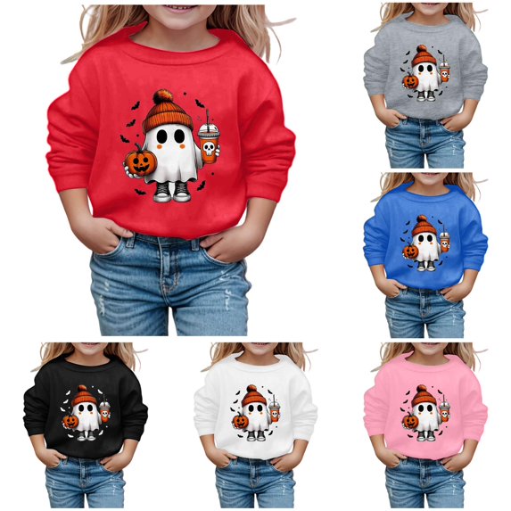 XAOFW Girls Halloween Sweatshirt Cute Ghost Printed Long Sleeve Crew Neck Hoodless Sweatshirts Loose Fit Fashion Pullover Trendy Top 5-6 Years