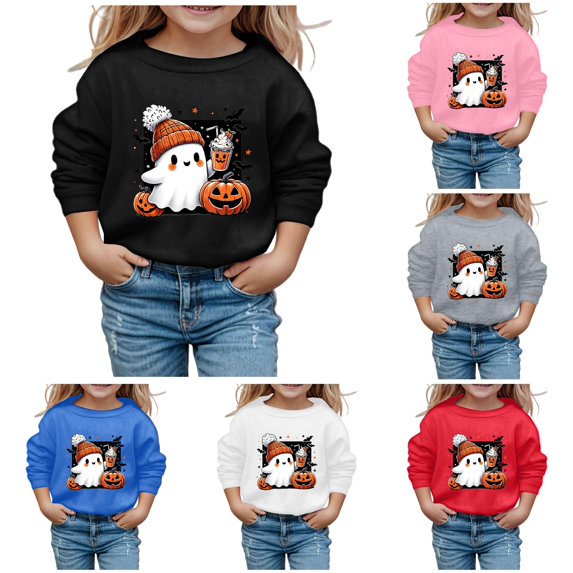 XAOFW Girls Halloween Sweatshirt Cute Ghost Printed Long Sleeve Crewneck Hoodless Sweatshirts Loose Fit Fashion Pullover Comfortable Top 3-4 Years