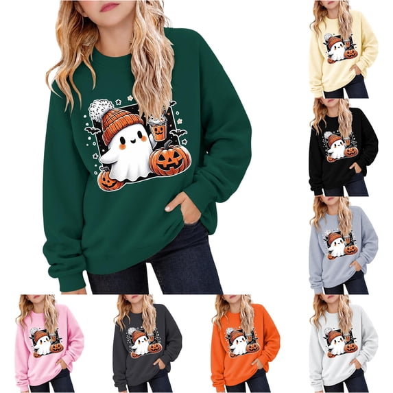 XAOFW Girls Halloween Sweatshirt Pumpkin Ghost Print Long Sleeve Crew Neck Sweatshirts Autumn Winter Cozy Graphic Pullover For Toddler Kids Breathable Top 1-2 Years