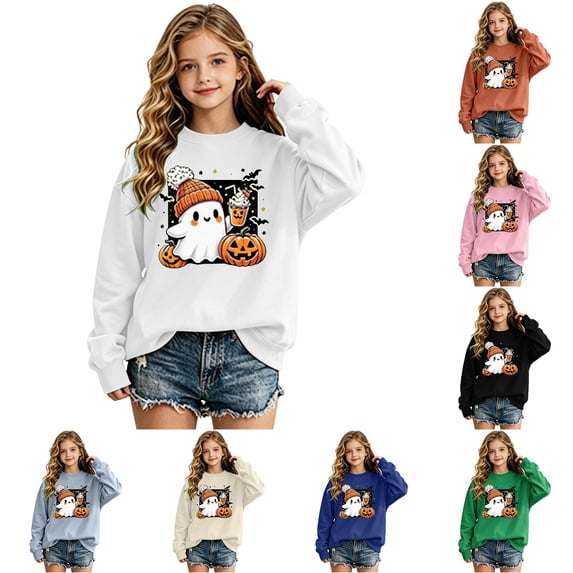 XAOFW Girls Halloween Sweatshirt Pumpkin Ghost Print Long Sleeve Crewneck Sweatshirts Autumn Winter Cozy Graphic Pullover For Toddler Kids Breathable Tops 1-2 Years
