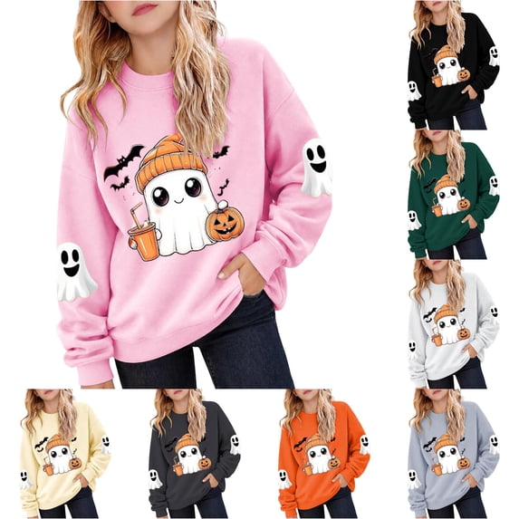 XAOFW Girls Halloween Sweatshirt Pumpkin Ghost Printed Long Sleeve Crew Neck Sweatshirts Autumn Winter Cozy Graphic Pullover For Toddler Kids Trendy Top 3-4 Years