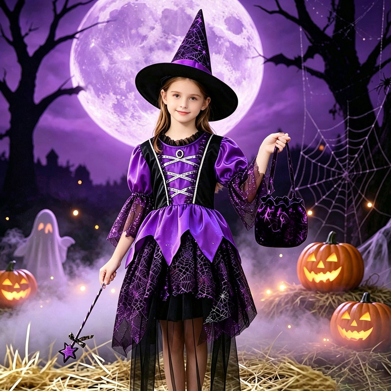 XAOFW Girls Halloween Witch Costumes Elegant Witch Dress Hat Wand Bag 4