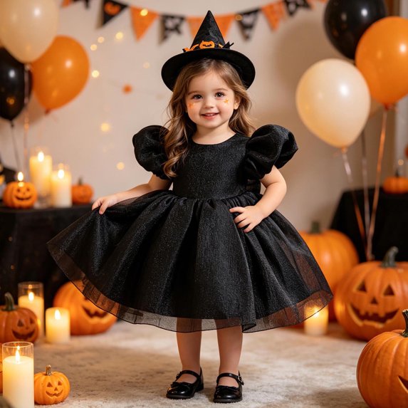 XAOFW Girls Halloween Witch Dress Black Glitter Puff Sleeve Layered Mesh Tutu Dress Baby Toddler School Party Breathable