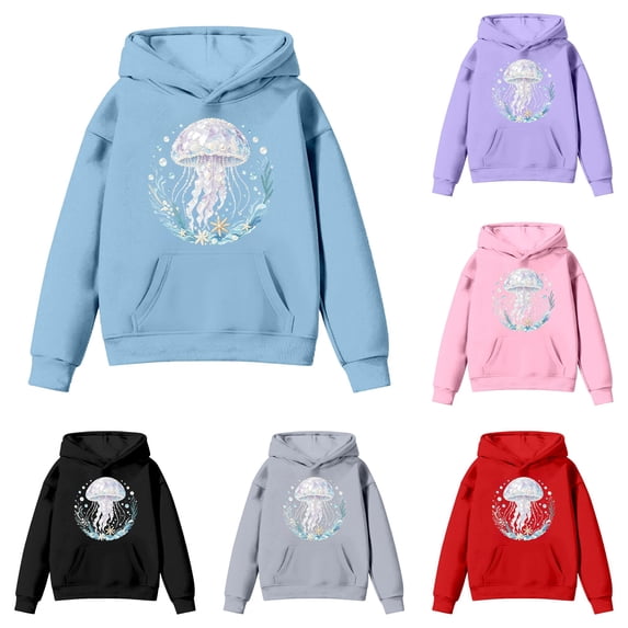 XAOFW Girls Hoodies Long Sleeve Marine Animal Print Hooded Sweatshirt Kids Soft Cozy Casual Winter Wear Pullover Stylish Tops 4-5 Years