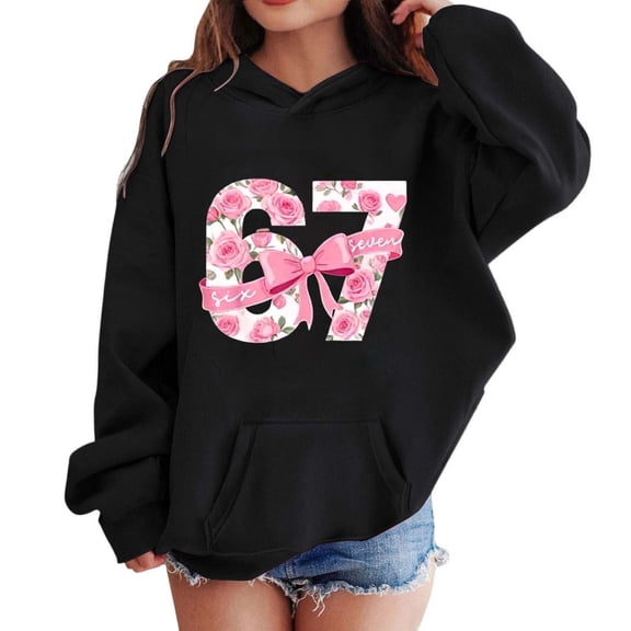 XAOFW Girls' Hoodies Sweatshirts Valentine 67 Number Heart Print Fashionable Hoodie Sport Everyday Loost Fit Pullover Long Sleeve Hooded Sweatshirt Soft Breathable Holiday Vacation Top