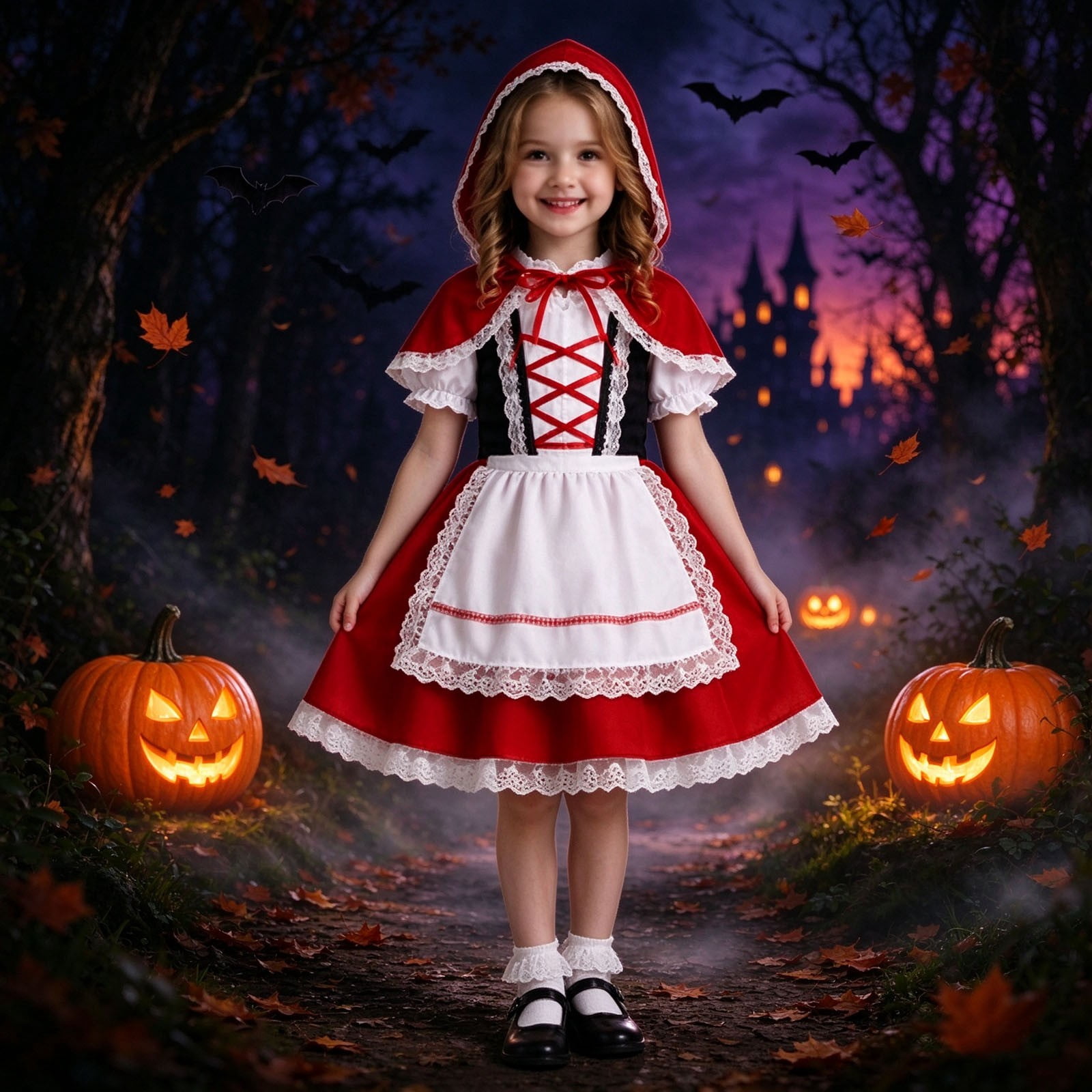 XAOFW Girls Little Red Riding Hood Costume Elegant Short Sleeve Dress ...