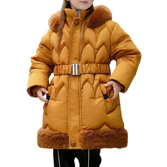 XAOFW Girls Outerwear Coats Jacket Long Winter Warm Thickened Downlike Hood Windproof Toddler Kids Long Sleeve Solid Color Soft Cozy Casual Daily Wear Clothing