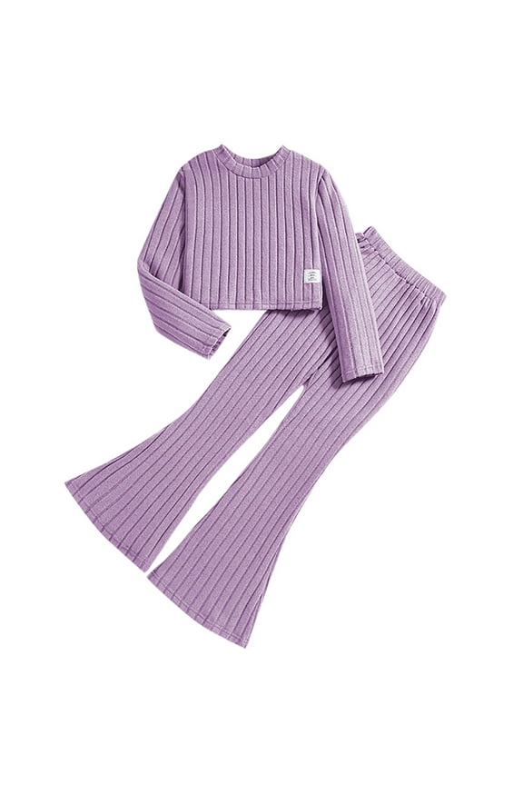 XAOFW Girls Outfits 2 Piece Long Sleeve O-Neck Solid Color Crop Tops Sweatshirt Ribbed Shirts Flared Jogger Pants Soft Cozy Daily Lounging Clothes Sets