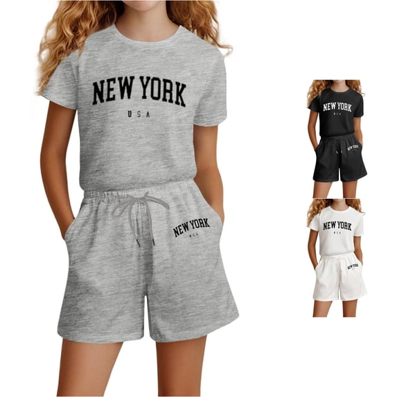 XAOFW Girls Outfits Letter Printed Short Sleeve Top Shorts Toddler Kids Summer Fall Fashion Clothes Sets 5 Years