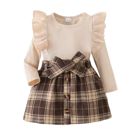XAOFW Girls Outfits Long Sleeve O-Neck Ribbed Solid Color Pullover Top Plaid Print Shorts Two Piece Toddler Playwear Trendy Casual Holiday Vacation Clothing Sets