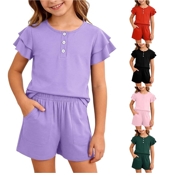 XAOFW Girls Outfits Ruffled Short Sleeved Button Down Shirt Shorts Kids Summer Comfortable Clothes Sets 11-12 Years