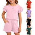 thumbnail image 1 of XAOFW Girls Outfits Ruffled Short Sleeved Button Down Shirt Shorts Kids Summer Comfortable Clothes Sets 11-12 Years, 1 of 4