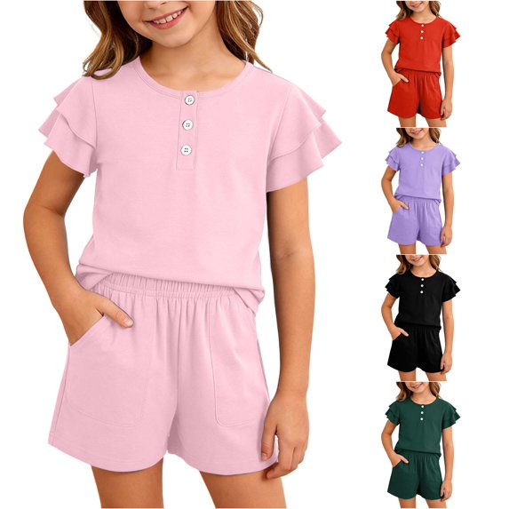 XAOFW Girls Outfits Ruffled Short Sleeved Button Down Shirt Shorts Kids Summer Comfortable Clothes Sets 11-12 Years