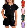 thumbnail image 1 of XAOFW Girls Outfits Ruffled Short Sleeved Button Down Shirt Shorts Kids Summer Comfortable Clothes Sets 5-6 Years, 1 of 4
