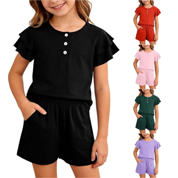 XAOFW Girls Outfits Ruffled Short Sleeved Button Down Shirt Shorts Kids Summer Comfortable Clothes Sets 5-6 Years