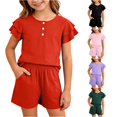 thumbnail image 1 of XAOFW Girls Outfits Ruffled Short Sleeved Button Down Shirt Shorts Kids Summer Comfortable Clothes Sets 9-10 Years, 1 of 4