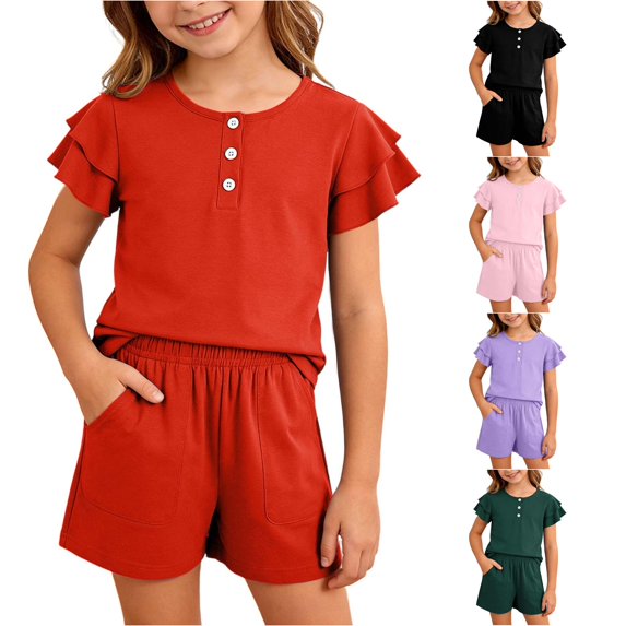 XAOFW Girls Outfits Ruffled Short Sleeved Button Down Shirt Shorts Kids Summer Comfortable Clothes Sets 9-10 Years